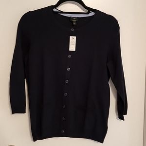 TALBOTS navy cardigan.  New w/t tags. 100% cotton stretch quarter sleeve